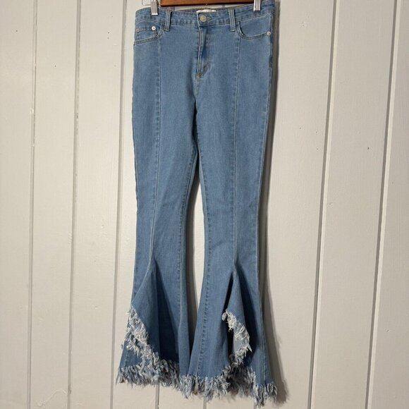 Peach Love California Denim Wide Raw Edge Bell Bottoms Flare Shredded Hem Boho S - Picture 1 of 15